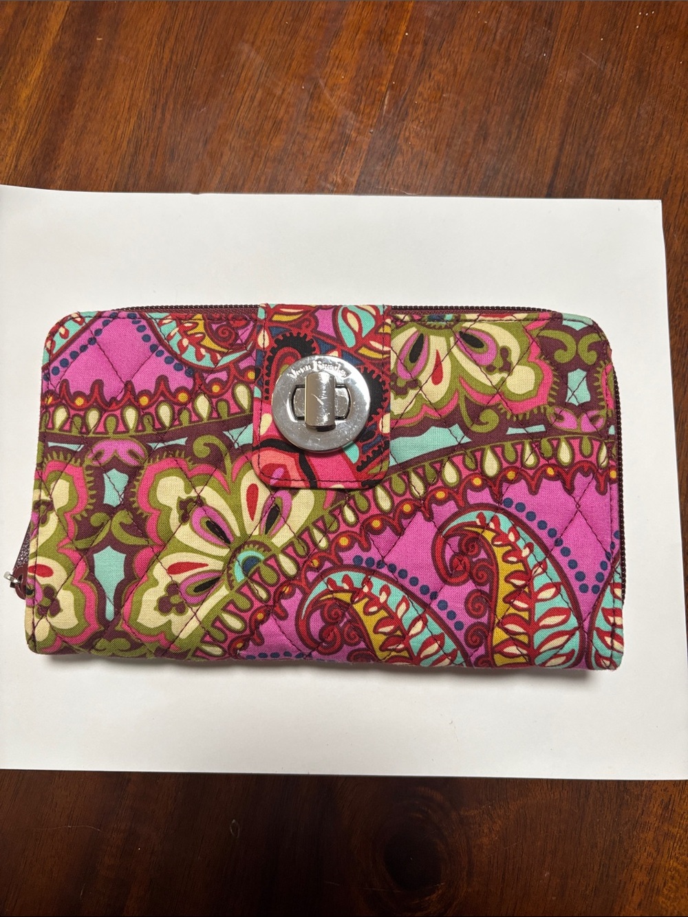 Vera Bradley Pink Paisley Quilted Turn-Lock Wallet with Teal & Olive Accents